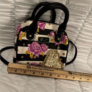 Betsey Johnson Black and White Mini Bag with Floral Design and Glitter Accents